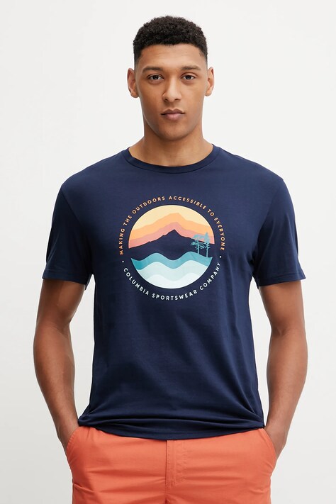 Bavlněné tričko Columbia Path Lake pánské, tmavomodrá barva, s potiskem, 1934814.
