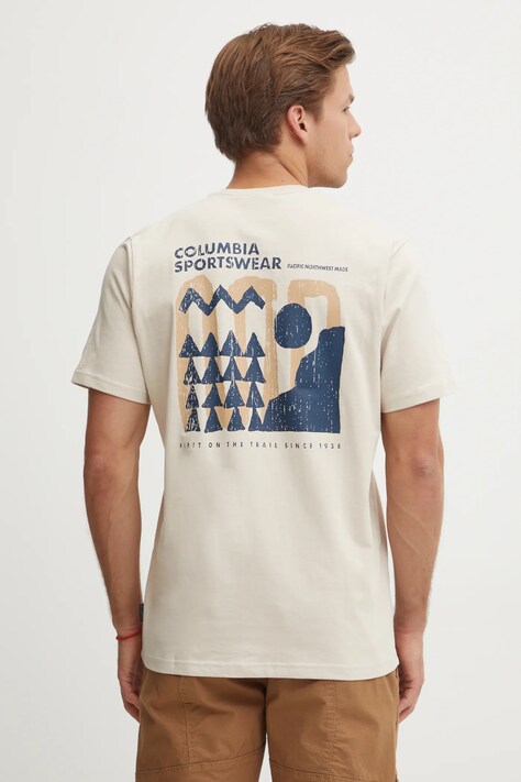 Columbia tricou din bumbac Explorers Canyon barbati, culoarea bej, cu imprimeu, 2036451.