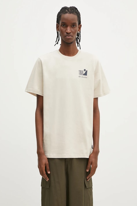 Columbia t-shirt bawełniany Explorers Canyon męski kolor beżowy z nadrukiem 2036451.