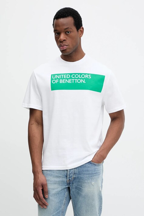 Bavlněné tričko United Colors of Benetton pánské, bílá barva, s potiskem, 3BL0U10A2