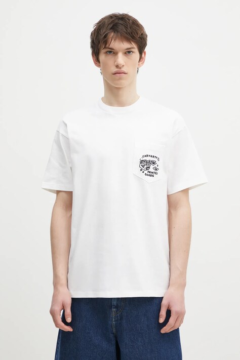 Carhartt WIP tricou din bumbac Fragments Pocket barbati, culoarea alb, cu imprimeu, I034407.00AXX