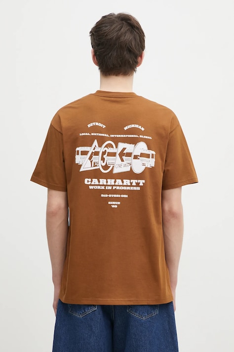 Carhartt WIP tricou din bumbac Runaway barbati, culoarea maro, cu imprimeu, I034409.2IQXX