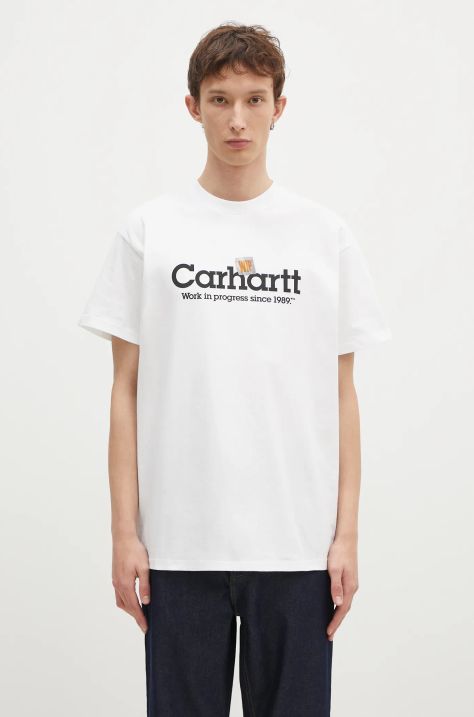 Памучна тениска Carhartt WIP Label Script в бяло с принт I034421.02XX