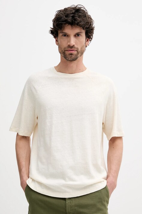 Ľanové tričko United Colors of Benetton béžová farba, jednofarebné, 3UTFU10A5