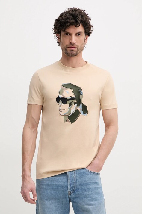 Karl Lagerfeld tricou din bumbac barbati, culoarea bej, cu imprimeu, 552241.755067
