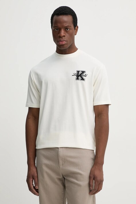 Karl Lagerfeld tricou din bumbac bărbați, culoarea bej, cu imprimeu, 552221.755148