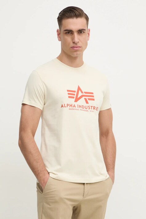 Хлопковая футболка Alpha Industries мужская цвет бежевый с принтом 100501CB