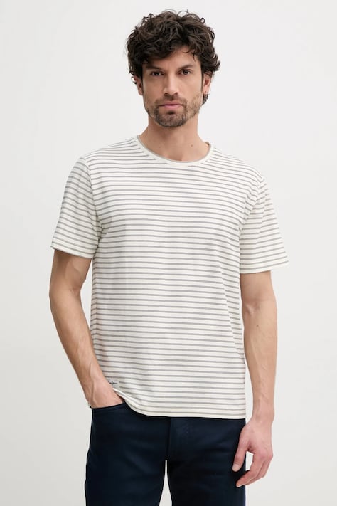 Pepe Jeans tricou din amestec de in WEST STRIPED PURNEY TEE bărbați, culoarea bej, cu imprimeu, PM509761