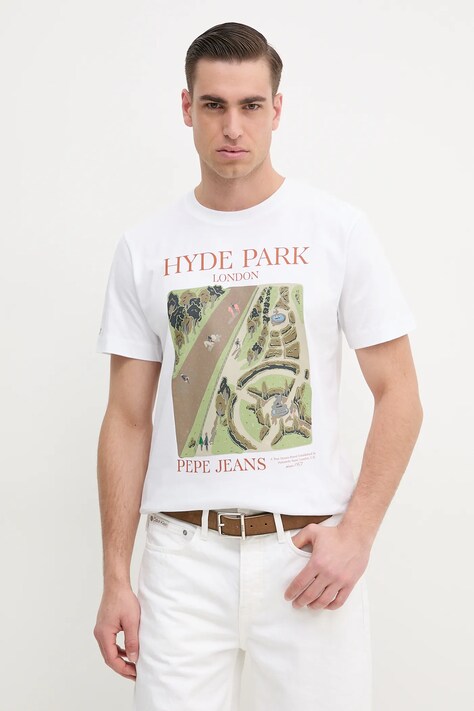 Pepe Jeans tricou DUSTER FRONT TEE bărbați, culoarea alb, cu imprimeu, PM509778