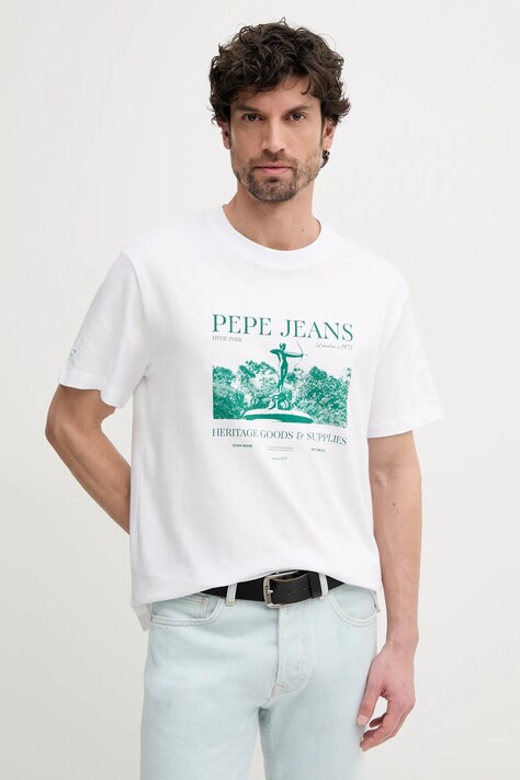 Pepe Jeans tricou din bumbac PATCH barbati, culoarea alb, cu imprimeu, PM509779