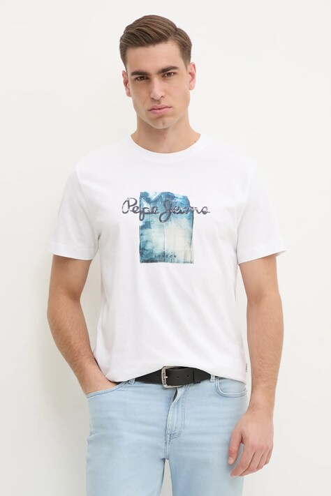 Pepe Jeans tricou din bumbac PRUSH barbati, culoarea alb, cu imprimeu, PM509781