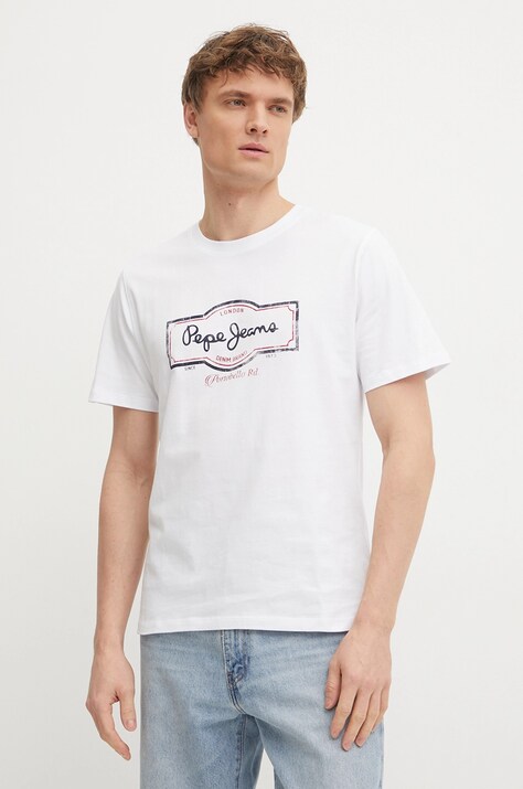 Pepe Jeans tricou din bumbac DAXTON TEE barbati, culoarea alb, cu imprimeu, PM509786