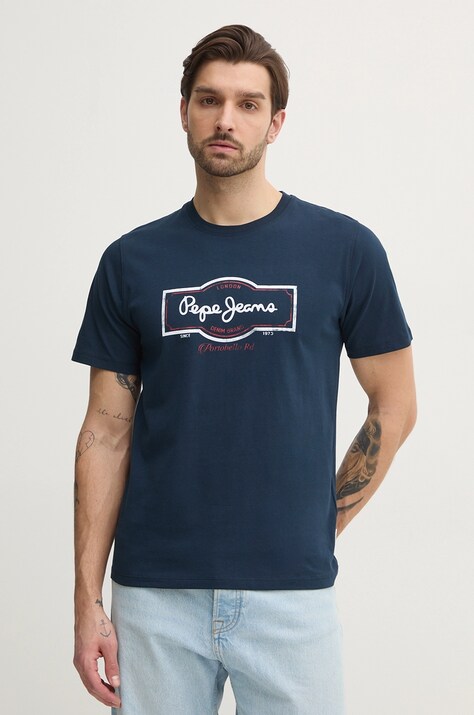 Pepe Jeans tricou din bumbac DAXTON TEE barbati, culoarea albastru marin, cu imprimeu, PM509786