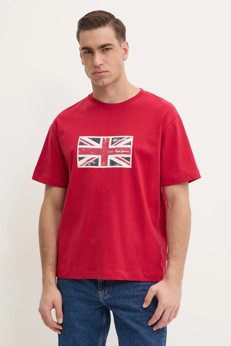 Pepe Jeans tricou din bumbac UNION TEE barbati, culoarea rosu, cu imprimeu, PM509790