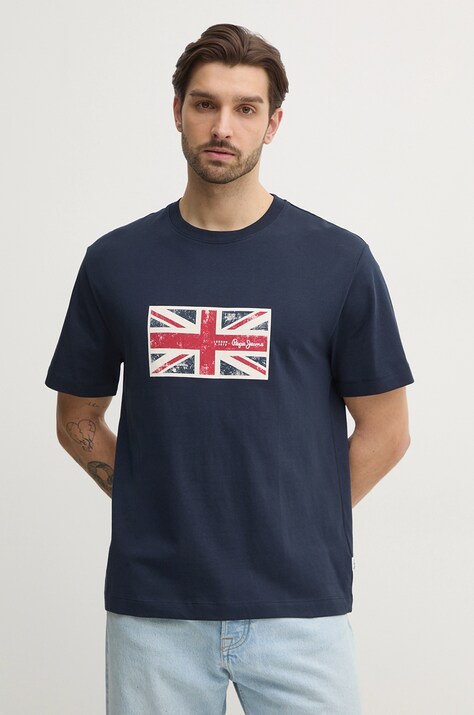 Pepe Jeans tricou din bumbac UNION TEE barbati, culoarea albastru marin, cu imprimeu, PM509790