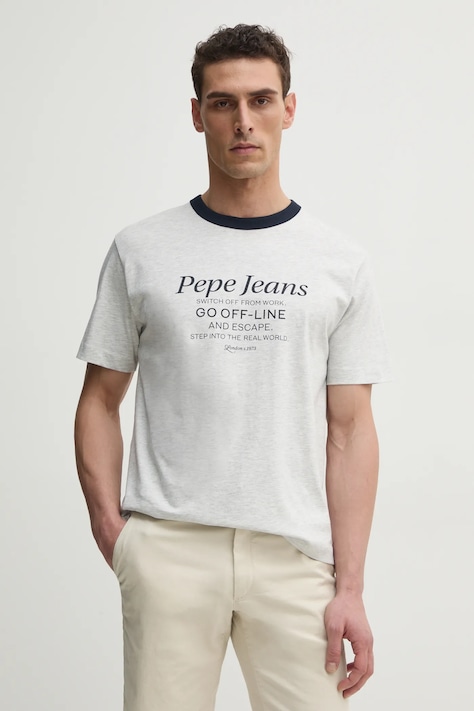 Pepe Jeans tricou PETERSON barbati, culoarea gri, cu imprimeu, PM509801