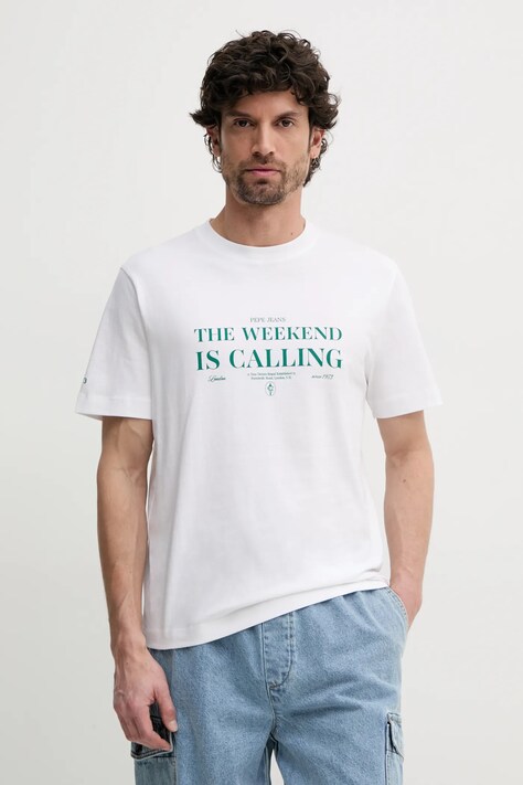 Pepe Jeans tricou din bumbac PALMER bărbați, culoarea alb, cu imprimeu, PM509802