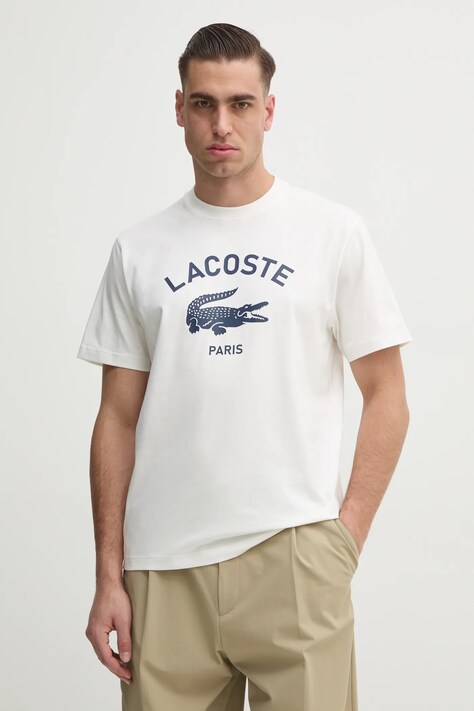 Lacoste tricou din bumbac barbati, culoarea alb, cu imprimeu, TH2733