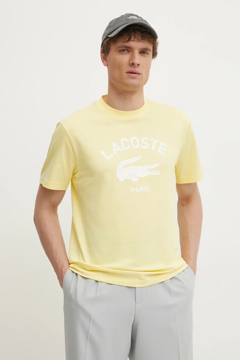 Lacoste tricou din bumbac barbati, culoarea galben, cu imprimeu, TH2733