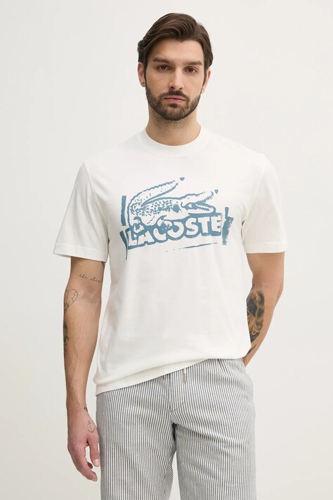 Lacoste tricou din bumbac barbati, culoarea alb, cu imprimeu, TH0284