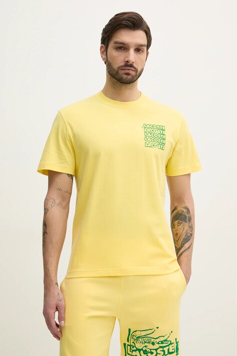 Lacoste tricou din bumbac barbati, culoarea galben, cu imprimeu, TH0288