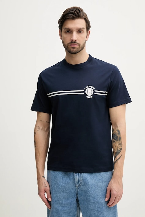 Lacoste tricou din bumbac barbati, culoarea albastru marin, cu imprimeu, TH9694