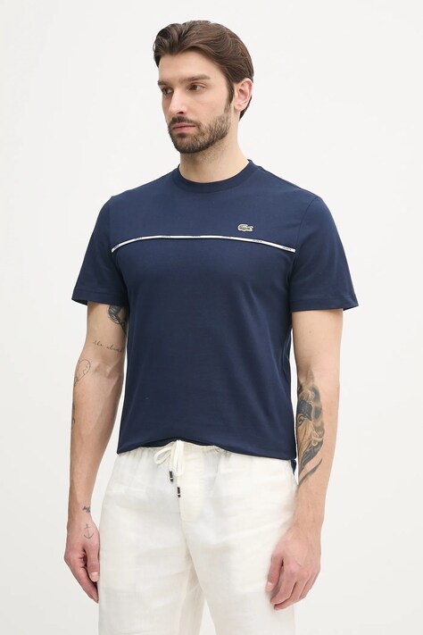 Lacoste tricou din bumbac barbati, culoarea albastru marin, neted, TH9842