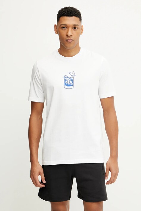 Bavlněné tričko adidas pánské, bílá barva, s potiskem, JJ4013