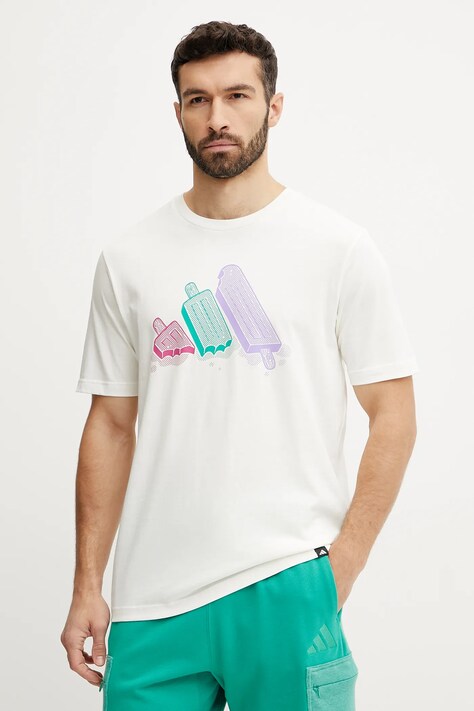 adidas tricou din bumbac barbati, culoarea bej, cu imprimeu, JJ4020