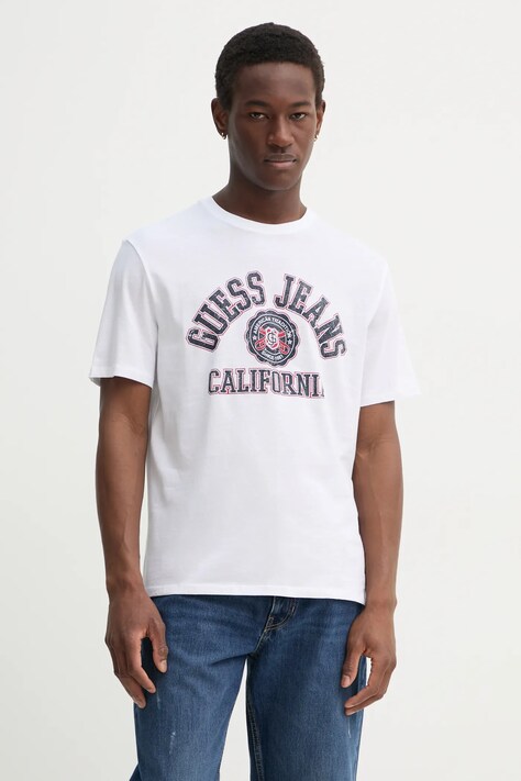 Guess Jeans tricou din bumbac barbati, culoarea alb, cu imprimeu, M5RI80 K8HM0