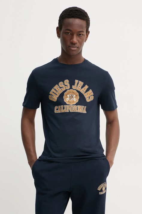 Guess Jeans tricou din bumbac barbati, culoarea albastru marin, cu imprimeu, M5RI80 K8HM0