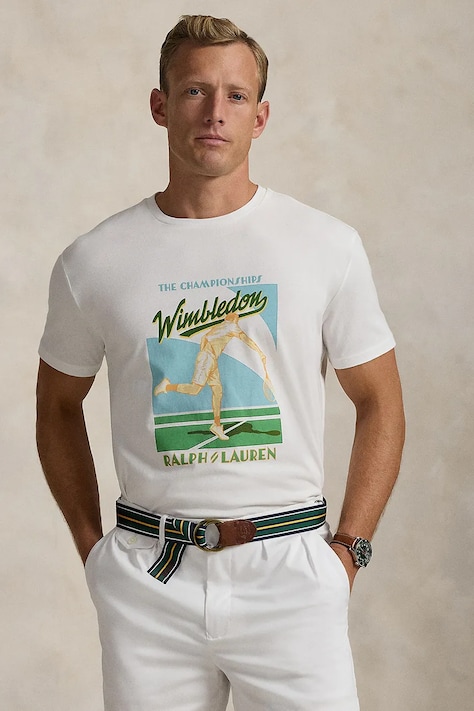 Bavlněné tričko Polo Ralph Lauren Wimbledon Collection pánské, bílá barva, s potiskem, 710970512