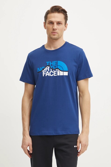 The North Face tricou din bumbac Mountain Line barbati, culoarea albastru marin, cu imprimeu, NF0A87NTD1R1