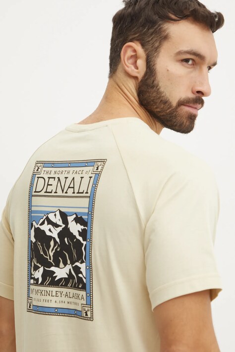 The North Face tricou din bumbac barbati, culoarea bej, cu imprimeu, NF0A87NU3X41