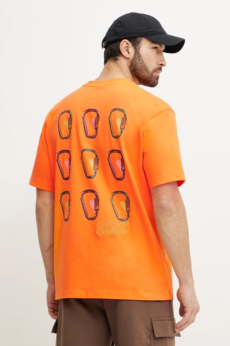 The North Face tricou din bumbac Nuptse Oversized barbati, culoarea portocaliu, cu imprimeu, NF0A8C3T6HI1