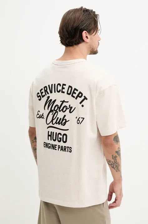 Hugo Blue t-shirt bawełniany męski kolor beżowy z aplikacją 50534754