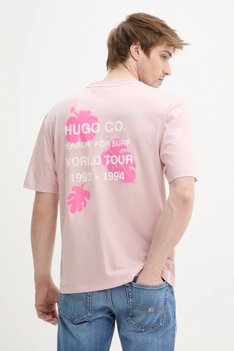Bavlněné tričko Hugo Blue růžová barva, s potiskem, 50536126