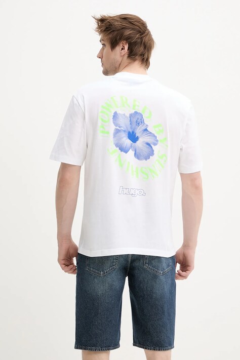 Hugo Blue tricou din bumbac bărbați, culoarea alb, cu imprimeu, 50536127