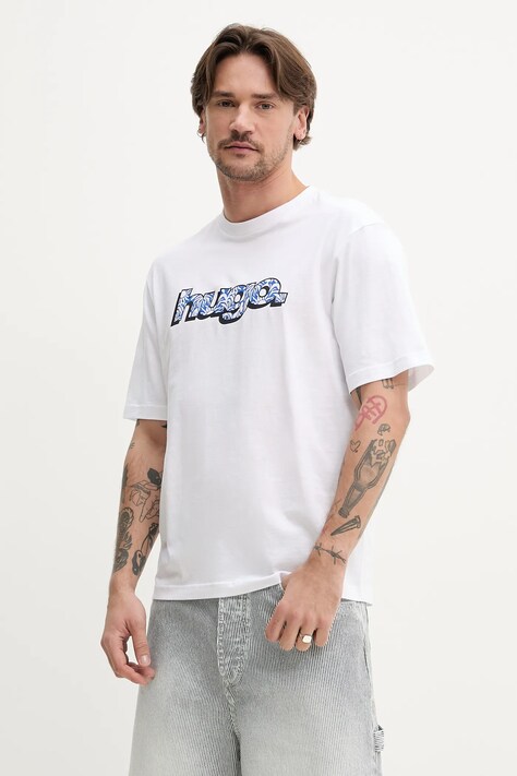Hugo Blue tricou din bumbac bărbați, culoarea alb, cu imprimeu, 50542932