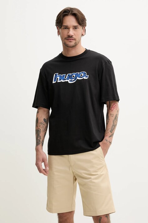 Hugo Blue tricou din bumbac bărbați, culoarea negru, cu imprimeu, 50542932