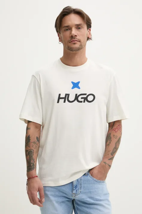 Hugo Blue tricou din bumbac barbati, culoarea bej, cu imprimeu, 50542934