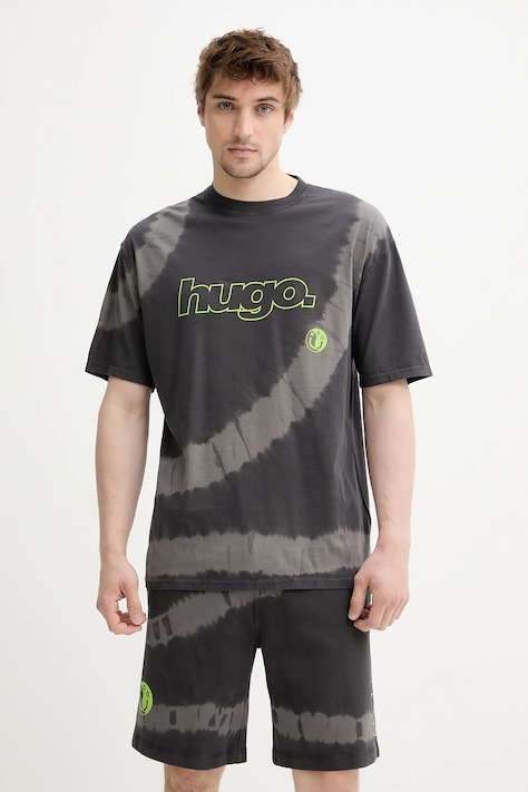 Hugo Blue tricou din bumbac bărbați, culoarea gri, cu imprimeu, 50542951