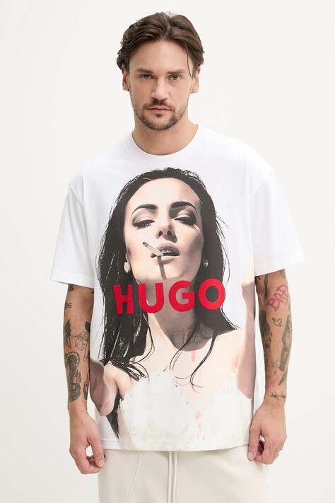 Bavlněné tričko HUGO bílá barva, s potiskem, 50535314