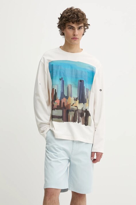 HUGO longsleeve din bumbac culoarea alb, cu imprimeu, 50539003