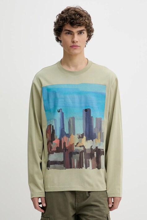 HUGO longsleeve din bumbac culoarea verde, cu imprimeu, 50539003