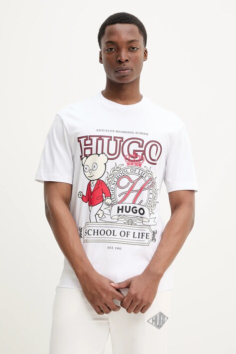 HUGO tricou din bumbac barbati, culoarea alb, cu imprimeu, 50538254