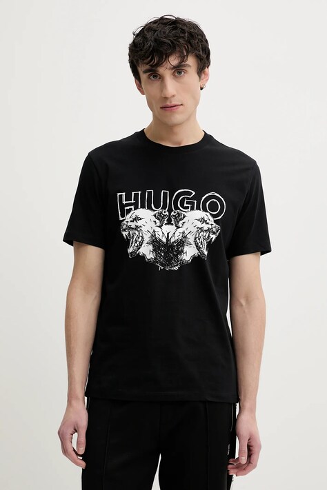 Bavlněné tričko HUGO černá barva, s potiskem, 50538257