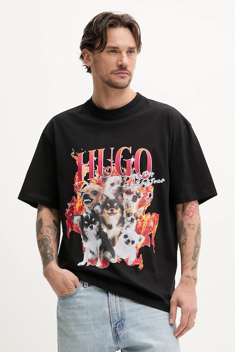 HUGO tricou din bumbac bărbați, culoarea negru, cu imprimeu, 50538259