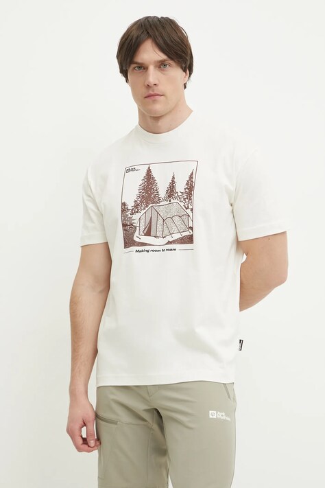 Jack Wolfskin tricou Freeroamer barbati, culoarea bej, cu imprimeu, A63860