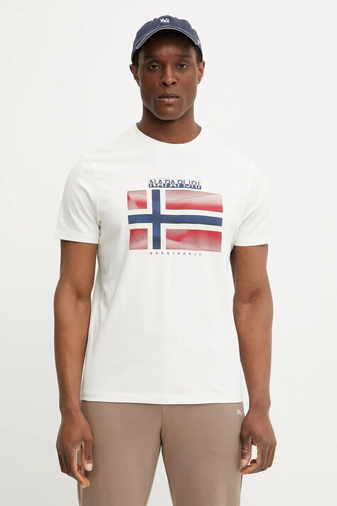 Napapijri tricou din bumbac S-Lari barbati, culoarea alb, cu imprimeu, NP0A4IE52061